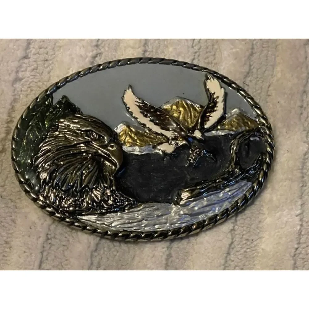 Vintage 1989 Intricate American Bald Eagle Belt Buckle Colorful Made in USA